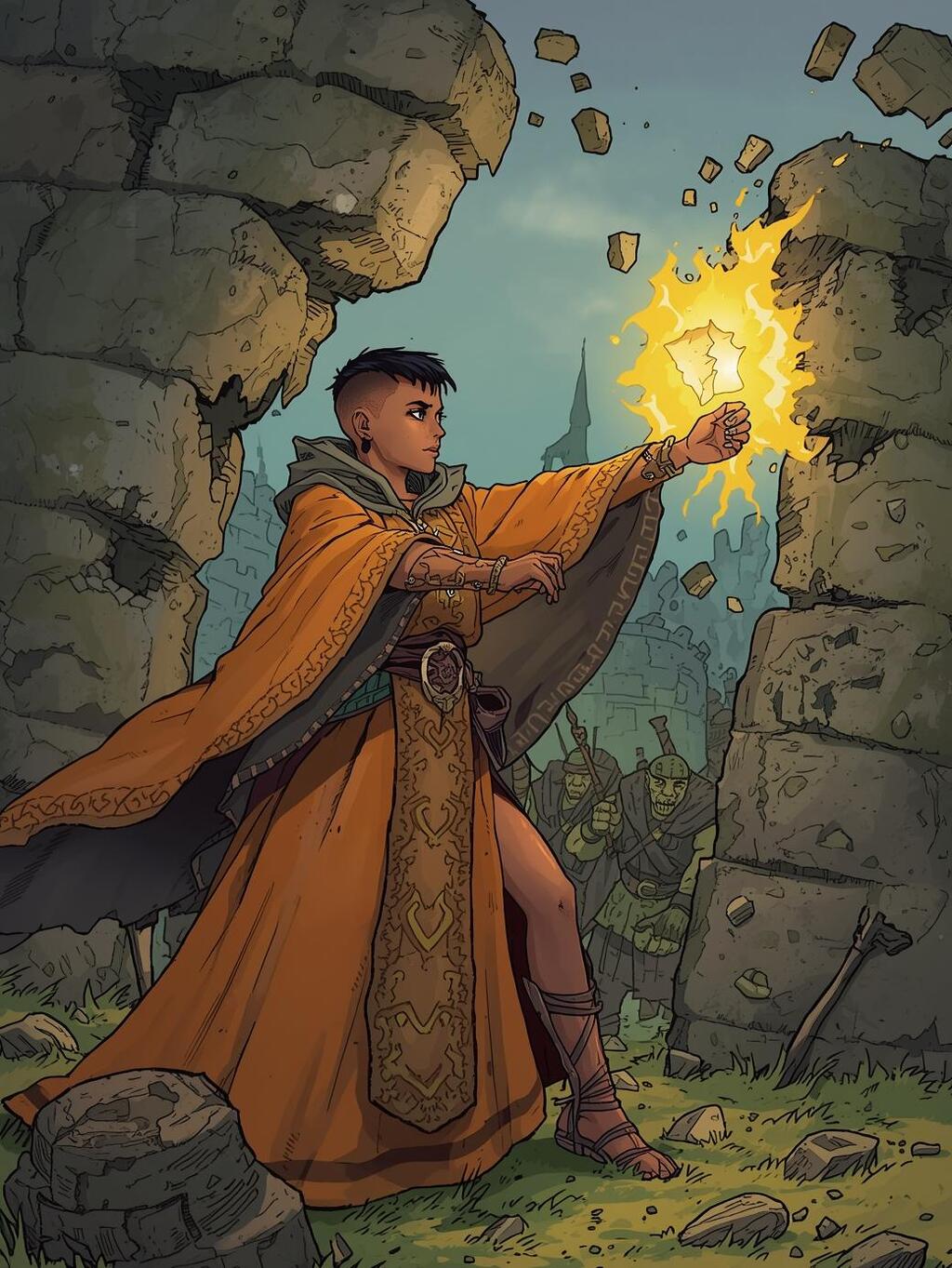 Fmeale magic-user knocking wall down.