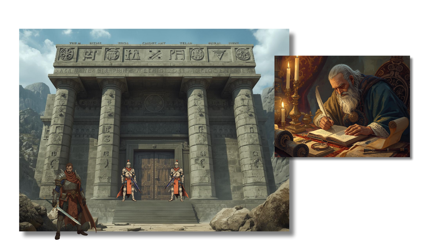 Archives with guards and scribe at work.