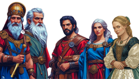 Left to Right: Umbrige Priest and Sage from Grandlin, Fzalt Nobleman and Noblewoman in Gutheria, Guth Commoner from Maer Dane