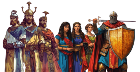 Left to Right: Imbrian Legate, Monarch, and Earl; three Imbrian Maidens, Imbrian Soldier (Old World)