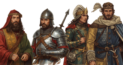Left ot Right: Maer Danian Fzaltish Cleric and Soldier, Maer Danian Umbrige Merchant and Minor Noble