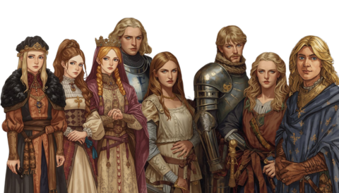 From Gutheria Proper Left to Right: Guth Noblewomen, Guth Knight,  Guth Burgher Woman, Guth Military Officers, Guth Lady or Gentrywoman, Guth Nobleman