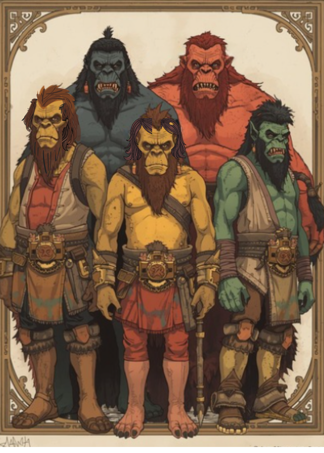 Several orcs with blue, orange, yellow, or green skin.