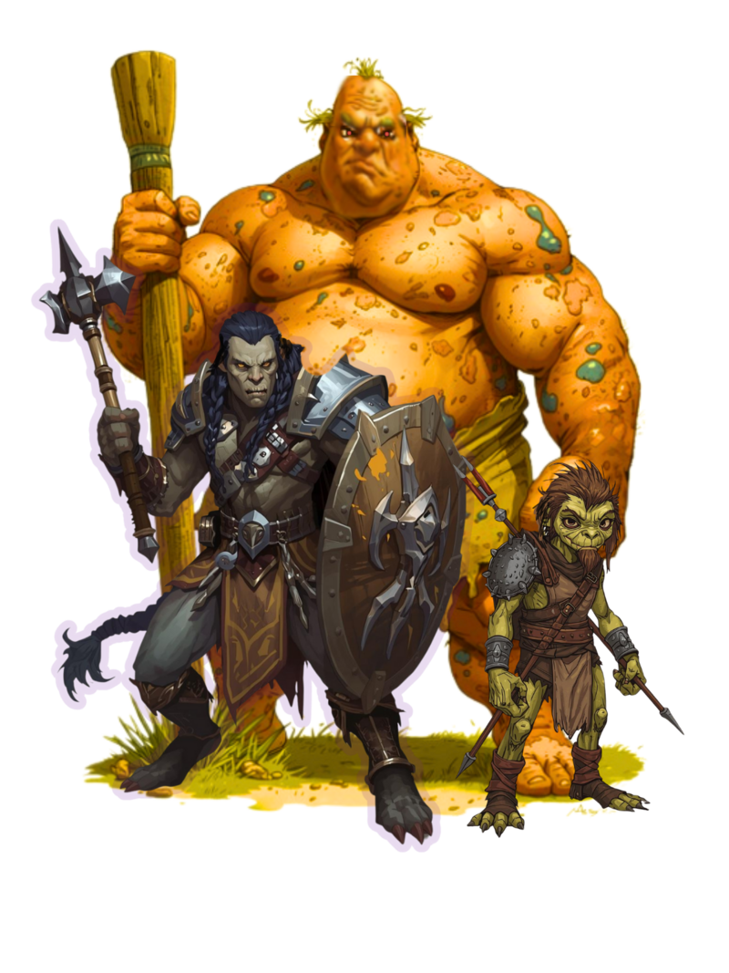 Background: Ogre 
Front Left: Hobgoblin, Right: Common Goblin