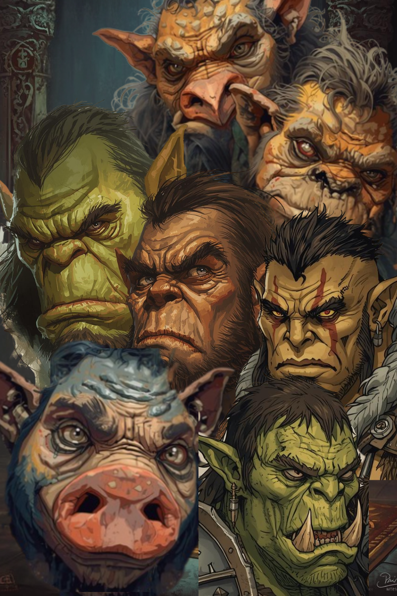 Four orc faces showing the variance in features among their kind.
